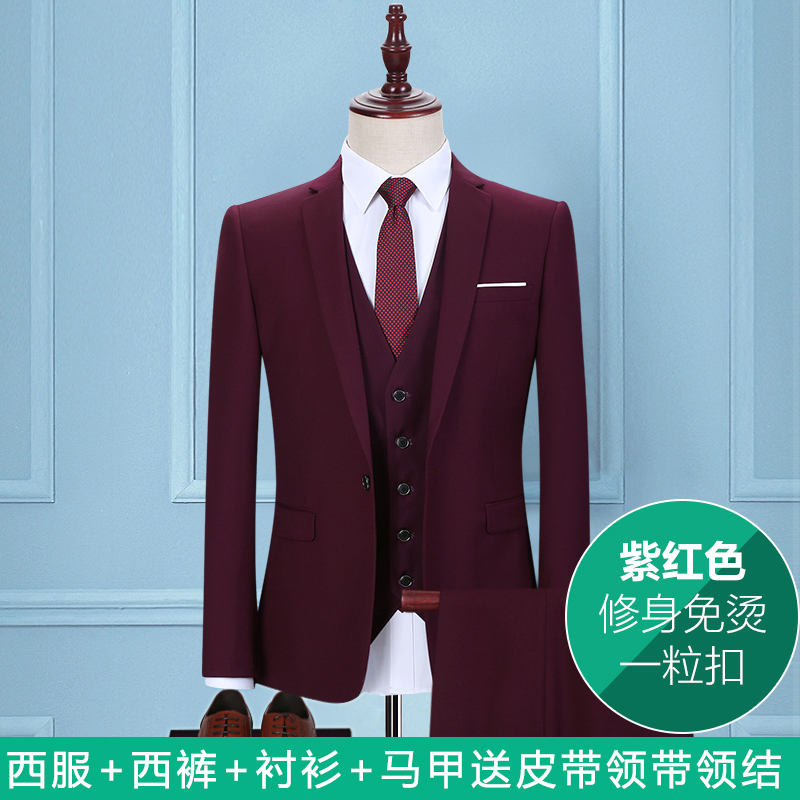 Junfin Bird nam Suit Fuchsia Ba mảnh ăn mặc Groom Wedding Dress Business Casual nhỏ Suit