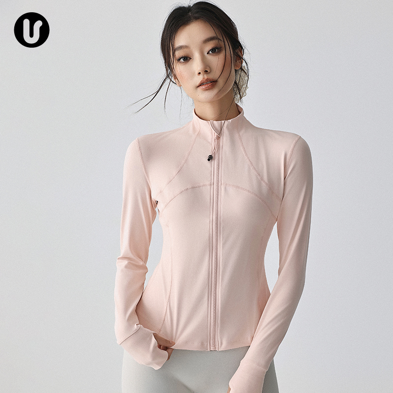 Umeko Sports Jacket for Women, Slim Fit, Running Training, Pilates Yoga Wear, Long-Sleeved Pink Fitness Top