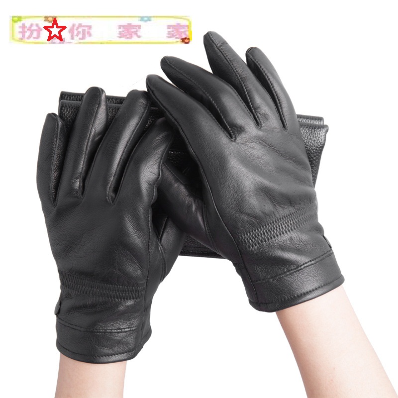 Genuine leather gloves men's winter warm plus velvet points cowhide men's cycling motorcycle leather gloves Haining origin