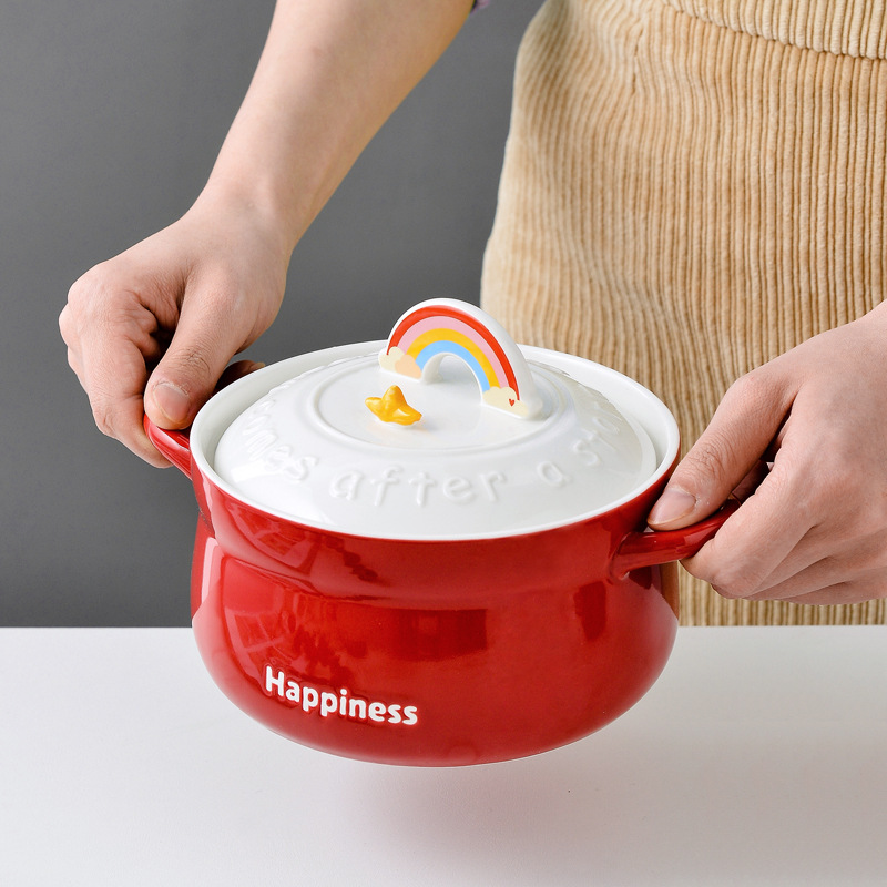 Creative Rainbow Mobile phone bracket ceramic large-capacity bubble bowl for children students anti-hot double-ear bowl meal soup bowl