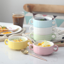 Rosong soup flush ceramic stew double ear bowl Twin Leather Milk Bowl Chicken Egg Spoon Bowl Sweet bowl Baked Pep Bowl West Meal Rice Soup Bowl