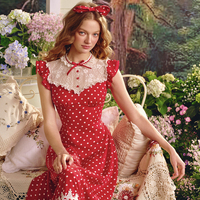 LaceMade Nini Fairytale House French Sweet College Polka Dot Lace Red Dress Long and Short Summer Women