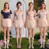 Милая мини-юбка, юбка, французский стиль, в цветочек, из фатина