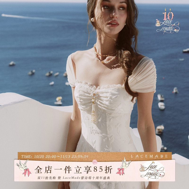 Lacemade Mediterranean Style White Space French Heavy Craftsmanship Romantic Simple Long Dress with Flocking and Burnt Flower Fabric Summer Dress