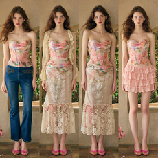 Стильные костюмы lacemade 提香花镜 法式甜美浪漫油画感蕾丝鱼骨胸衣半裙套装夏女