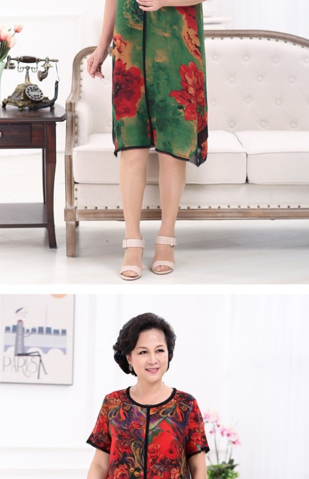 Váy lụa tằm lụa trung niên cao cấp in tay áo rộng kích thước mẹ mặc đầm mùa hè vinh quang 2752 - Quần áo của mẹ áo kiểu nữ trung niên