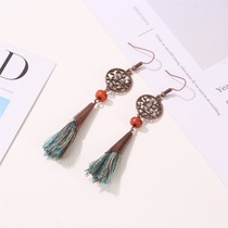 Bohemian style new tassel earrings vintage hollow leaf metal earrings ethnic style long red copper earrings