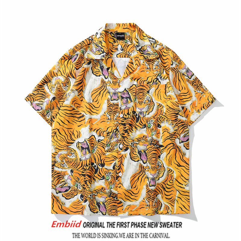 American Retro Tiger All-Over Print Cuban Collar Short-Sleeved Shirt for Men and Women, Social Cool Guy Hawaiian Beach Vacation Shirt