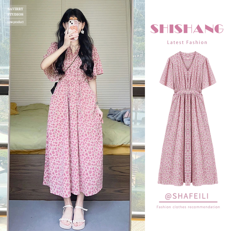 Summer Women's Long Dress with V-Neck, Short Sleeves, Slimming Waist, Chiffon Tea Break Style, French Floral Pink Loose Elegant Dress Summer Women's Long Dress with V-Neck, Short Sleeves, Slimming Waist, Chiffon Tea Break Style, French Floral Pink Loose Elegant Dress