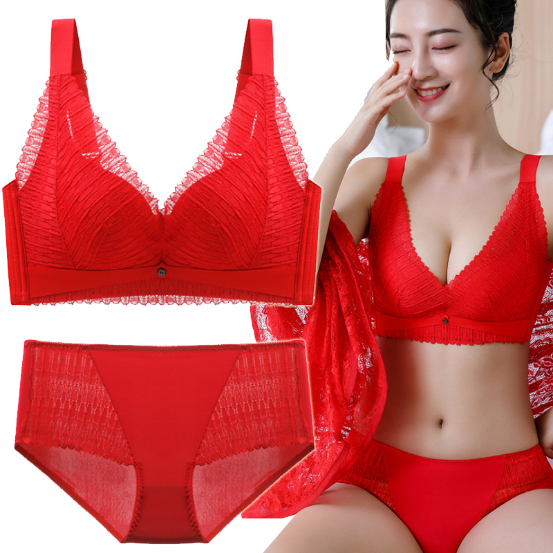 High-end quality natal year underwear set women's underwear lace gathers the new 2022 no steel ring bra