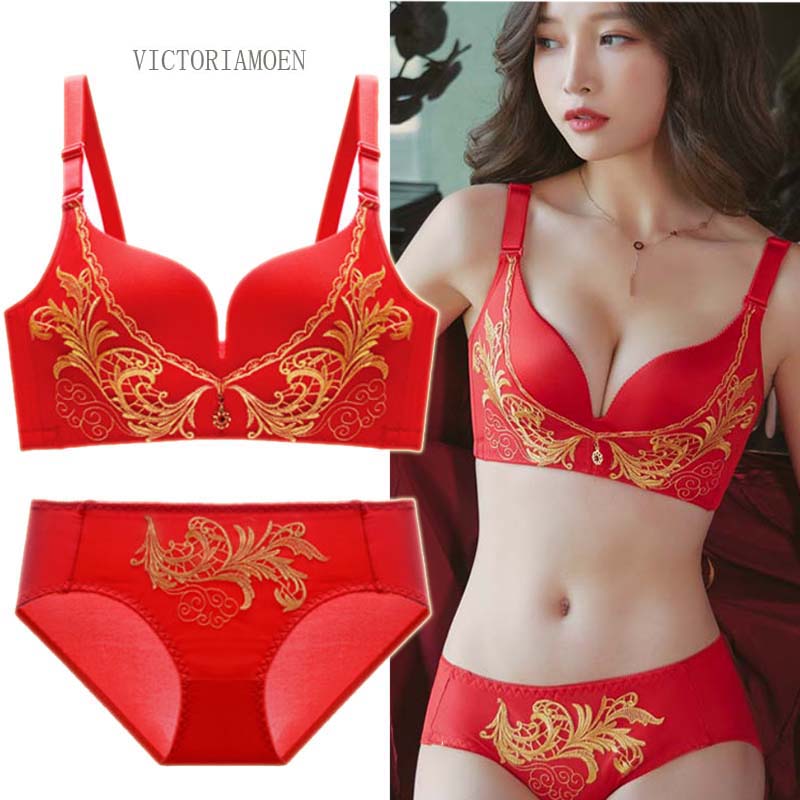 High-grade Benming year big red underwear V-shaped embroidery without steel ring gathering and collecting pair of breasts Phoenix underwear suit ladies