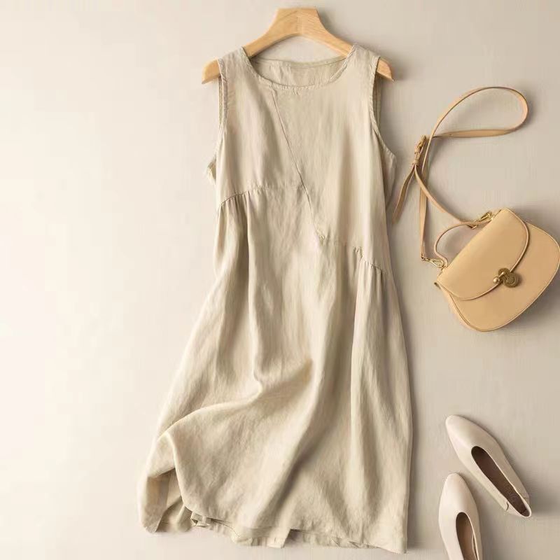 New Chinese Style Cotton and Linen Dress, Summer New Style, Loose and Slimming, Sleeveless, Plus Size Women's Mid-Length Tank Dress