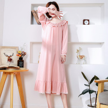 Nightdress female summer cotton long sleeve long knee thin pajamas court Princess loose spring and autumn can wear home clothes