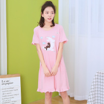 Nightdress women Summer cotton thin loose short skirt round neck sweet cute knitted cotton pajamas student home clothes
