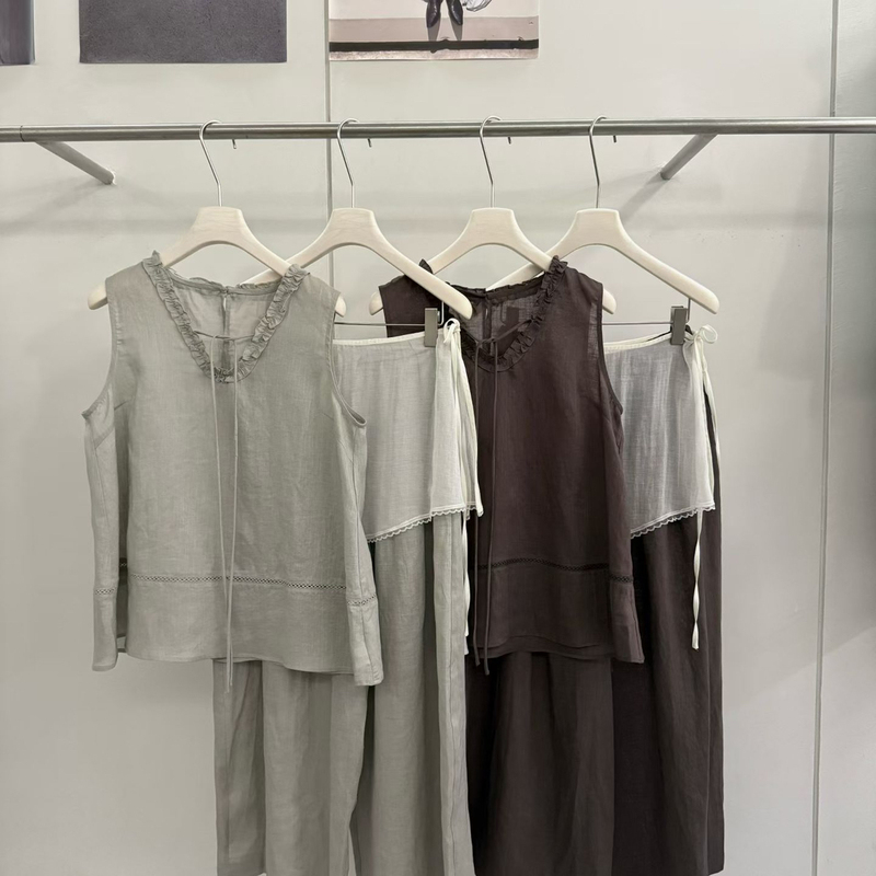 Gin Luna-Heart+Straight-Leg Fashion Casual Pants Two-Piece Set (with Back Panel) (25% Linen) 2817