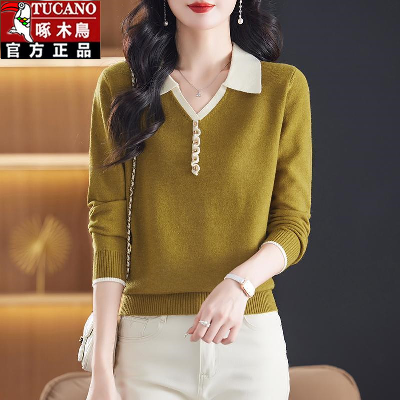 Woodpecker Spring and Autumn New Style Turn-Down Collar Wool Sweater Women's Knitted Long Sleeve Pullover Fashionable Slimming Base Shirt Top