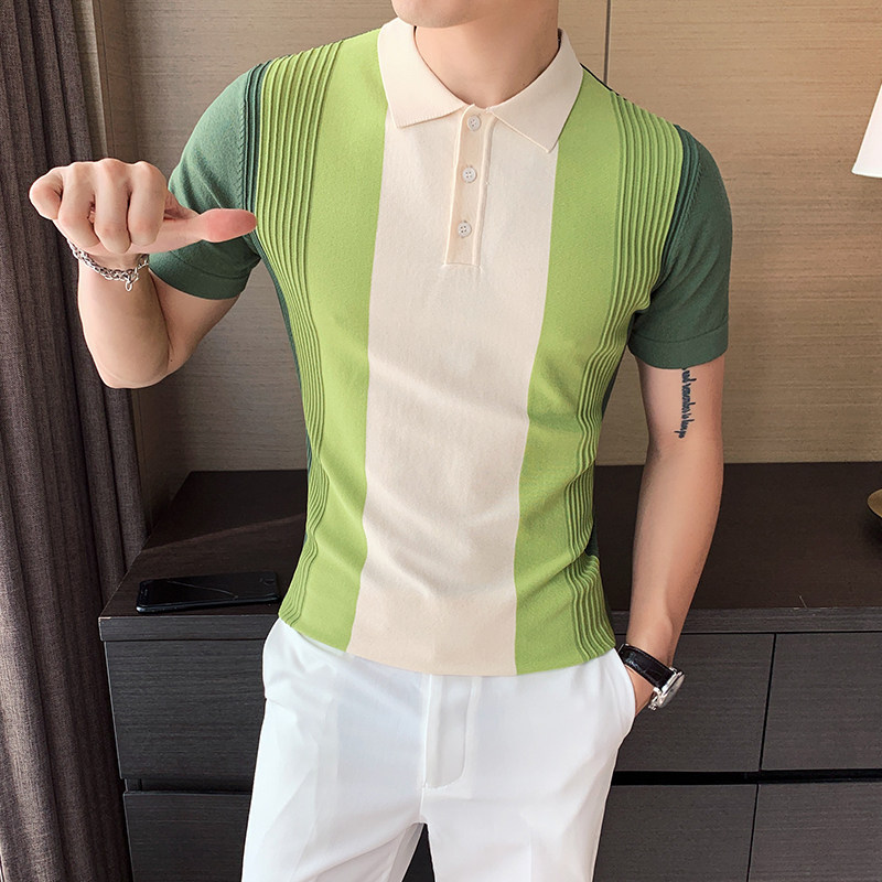 Men polo shirt short sleeve han edition summer high-end semi-sleeved piece-collar tops knitted ice wire t-shirt men