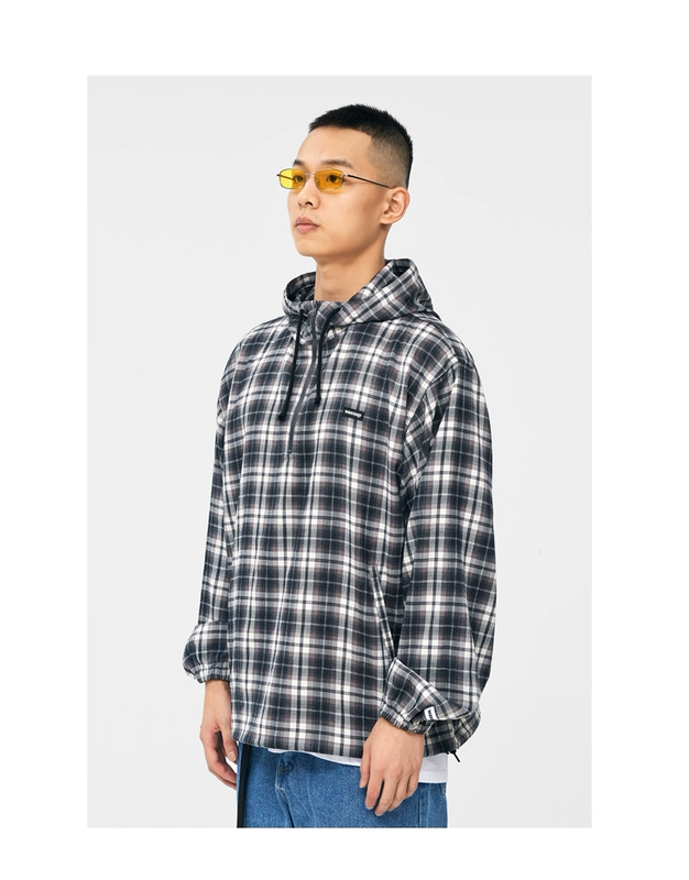 WASSUP mùa thu hai màu flannel kẻ sọc sanding áo khoác trùm đầu áo khoác mùa thu và mùa đông nam và nữ mô hình hoang dã