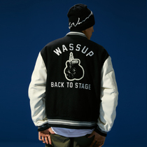 WASSUP baseball uniform wool leather sleeve stitching jacket Loose casual trendy mens clothing towel embroidered cotton coat official flagship