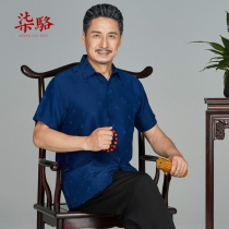 Summer father dress silk short sleeve shirt male middle-aged and elderly half sleeve 100% silkworm silk men casual shirt