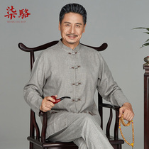 Summer linen middle-aged elderly Tang suit men long sleeve suit old man cotton linen grandfather autumn clothes autumn clothes