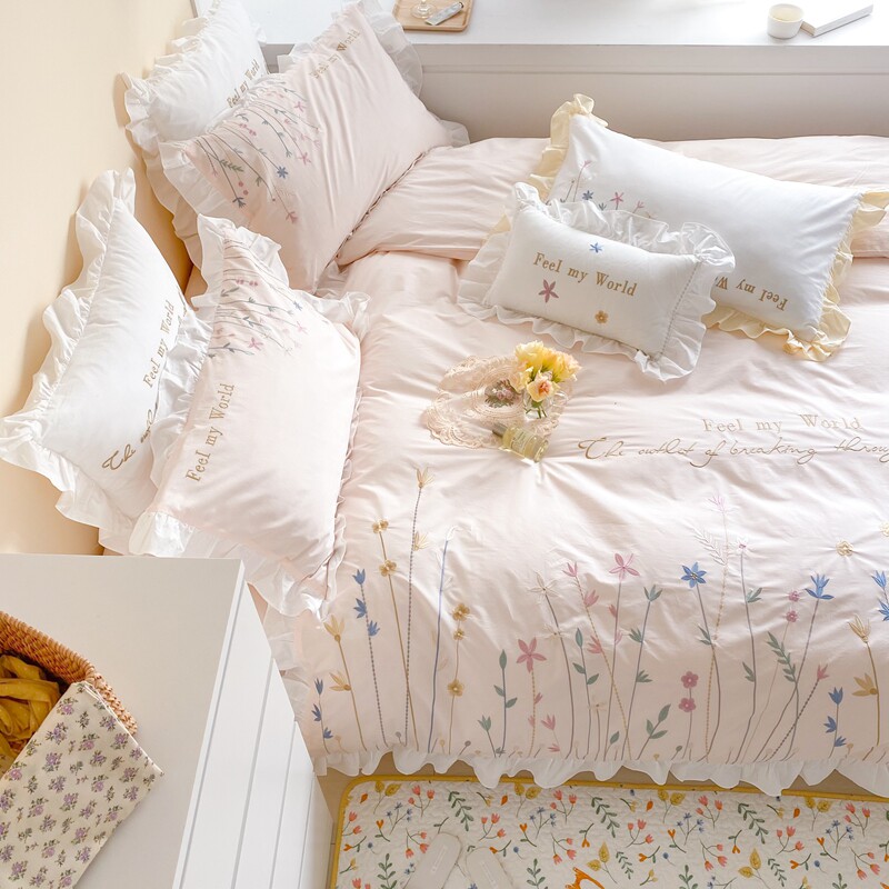 Cream Taste Fairy girl Heart Four sets of full cotton pure cotton washed cotton embroidered Korean lotus leaf lace bedside bedding