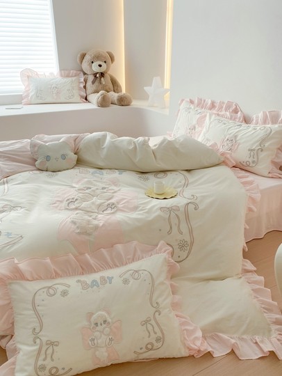 可爱猫咪︱春夏款韩式少女心刺绣全棉纯棉公主风四件套水洗棉被套