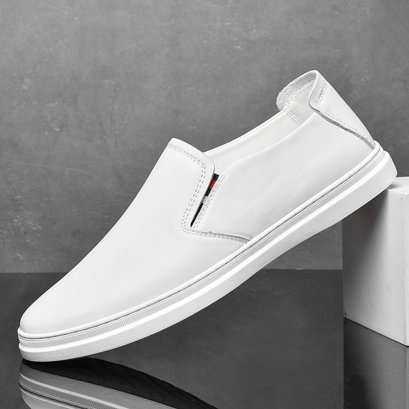 Genuine Leather Slip-On Casual White Leather Shoes for Men, Thin Summer Breathable Minimalist White Shoes, First Layer Cowhide Sneakers