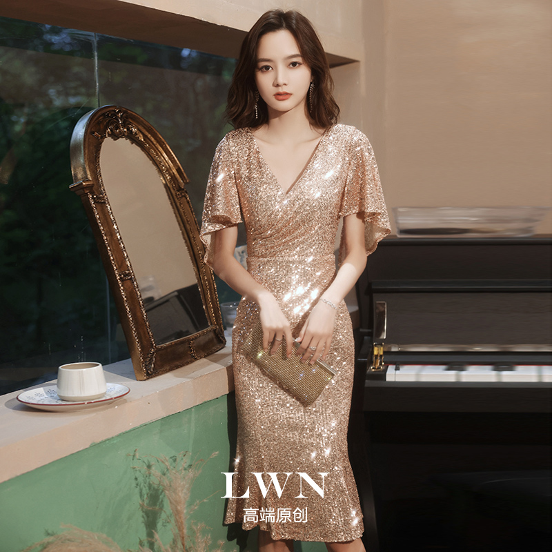 French-Style Evening Dress for Women 2026 New High-End Light Luxury Niche Dress with Gold Sequin Design