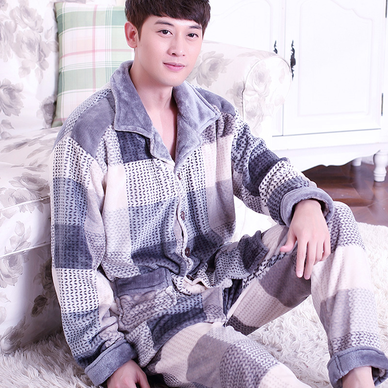 Mùa đông dày flannel pajamamens dài tay bộ mens nhung san hô cộng với nhung ấm mới mùa xuân và mùa thu quần áo về nhà.