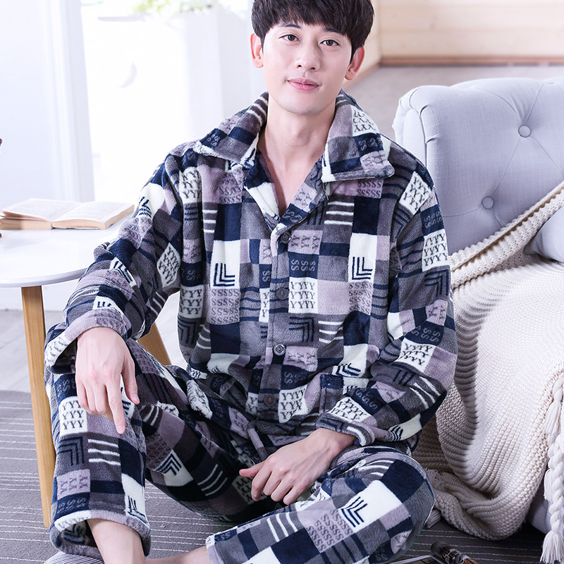 Mùa đông dày flannel pajamamens dài tay bộ mens nhung san hô cộng với nhung ấm mới mùa xuân và mùa thu quần áo về nhà.