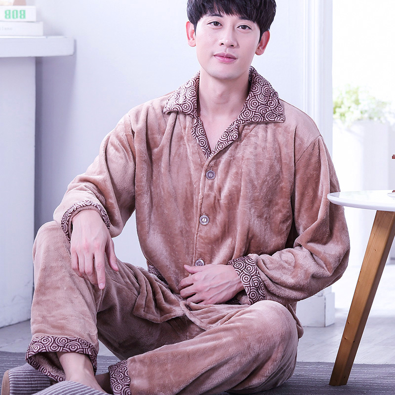 Mùa đông dày flannel pajamamens dài tay bộ mens nhung san hô cộng với nhung ấm mới mùa xuân và mùa thu quần áo về nhà.