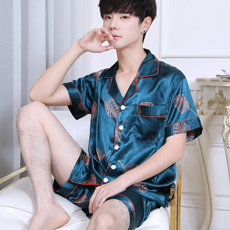 Mens mùa hè lụa băng pajama quần short ngắn tay thiết lập mùa xuân và mùa thu lụa mới quần áo nhà kích thước lớn dễ thương phiên bản Hàn Quốc.