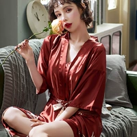 HGC Silk-Couple Nightgown Crane Wine Red