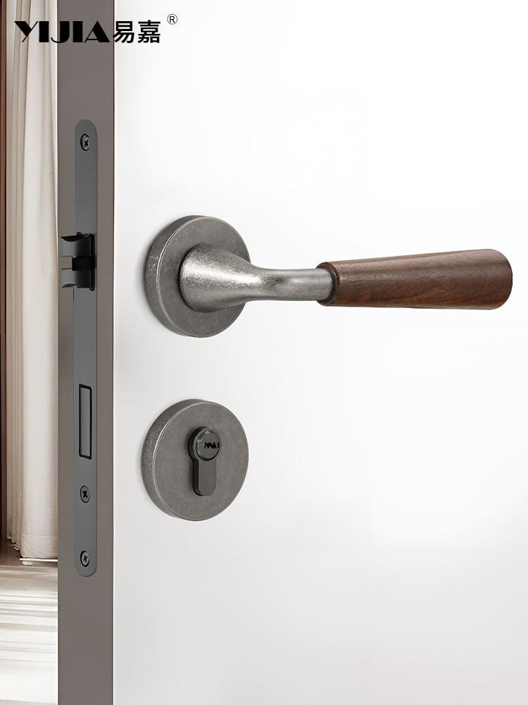 Medieval-Style Retro Silver Household Door Lock Indoor Bedroom Wooden Door Magnetic Silent Wabi-Sabi Style Solid Wood Door Handle