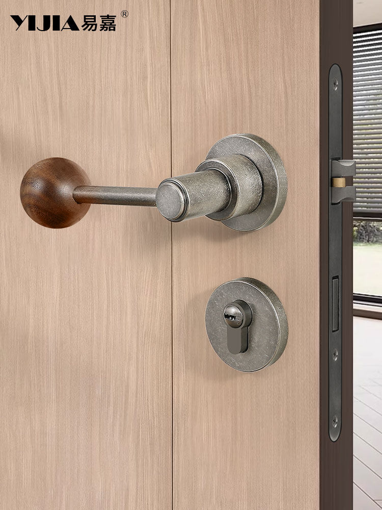 Medieval-Style Retro Silver Household Door Lock Indoor Bedroom Wooden Door Magnetic Silent Wabi-Sabi Style Solid Wood Door Handle