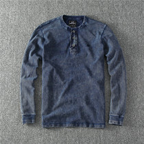 Classic autumn and winter heavy washed old cotton fashion retro Henry collar tide mens sweater long sleeve