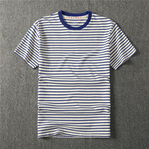 T-shirt Male Sea Soul Shirt Summer Pure Cotton American Retro Nostalgia Blue White Striped Navy Short Sleeve Loose Heavy Pound Half Sleeve