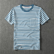 American 270g heavy pound blue and white striped short sleeve t-shirt male pure cotton summer loose retro state tide nostalgic jersey man