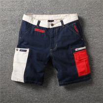 American summer mens casual shorts five-point pants Personality contrast stitching washed old slim-fit tooling pants