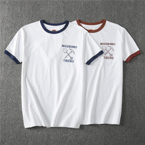 Ammerclick Summer Collision Color Splicing Printed Short Sleeve T-shirt Trendy Retro Pure Cotton Casual Washed Half Sleeve Youth