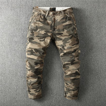 Mens high-end washed cotton slim camo tooling casual pants Mens military small straight camo pants