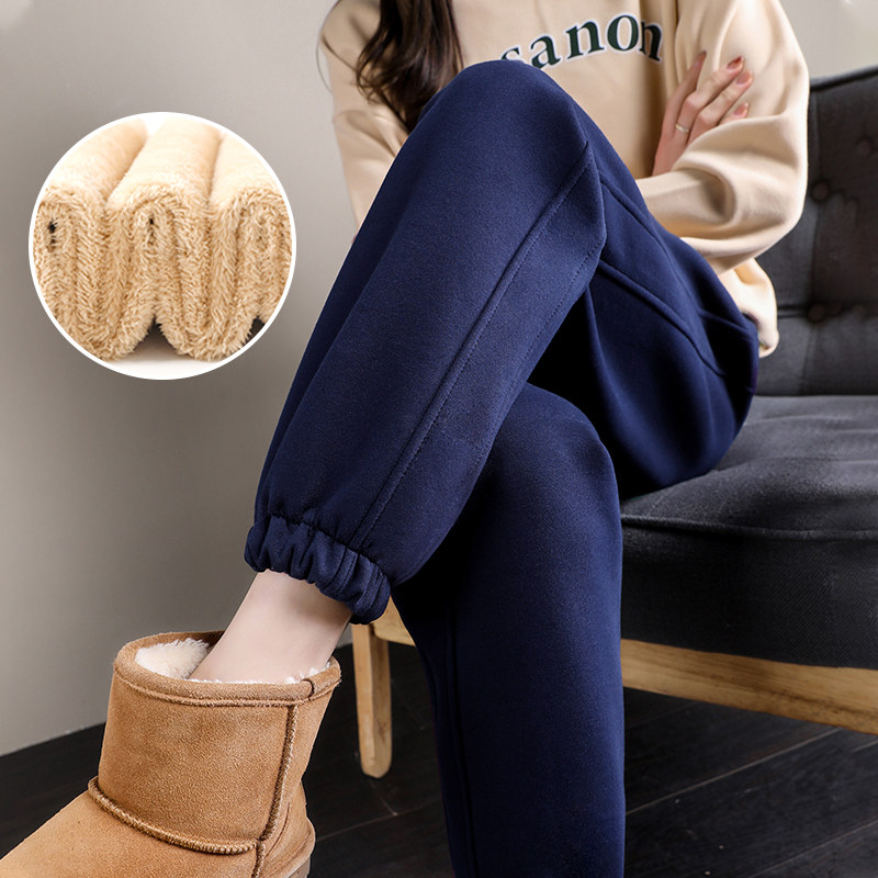Winter fleece sports pants women's thickened imitation lamb velvet casual loose bundle feet warm sweatpants cotton pants outer wear pants