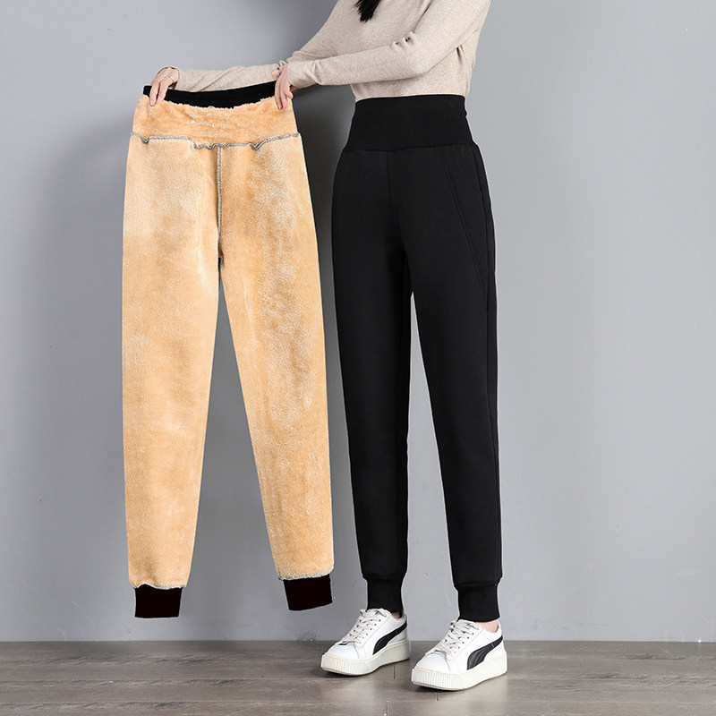 Plus velvet sports pants women's loose beam feet thin autumn and winter imitation wool lamb velvet high waist casual thickening pants