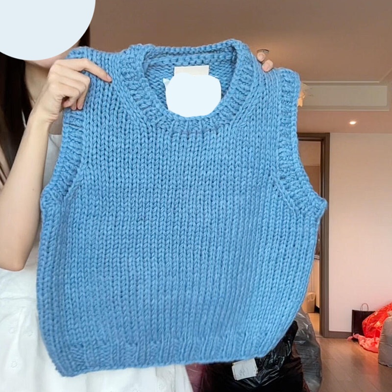 Trendy Style! Korean-Style Blue Round-Neck Chunky Knit Sweater Vest, New Autumn Straight-Cut Hollow-Out Layered Vest