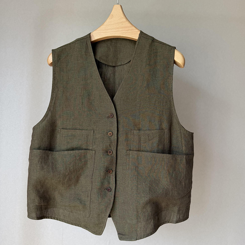 [Everyone Who Wears It Says It's Good] Army Green V-Neck Linen Multi-Pocket Vest for Women, Summer Single-Breasted Waistcoat
