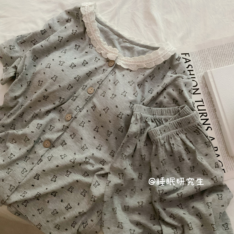 [Monica] Summer Women's Pajamas with Chest Pads, Short-Sleeved Shorts Set, Quilted Elastic Soft Material, Soft and Stretchy Bear Design