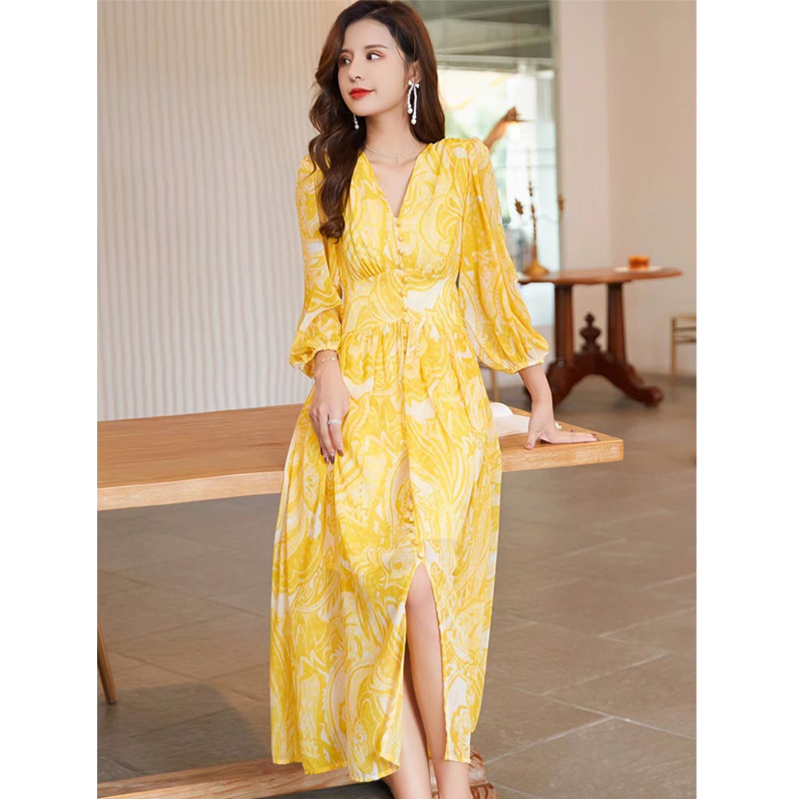 Hainan Sanya Long Dress Retro Chiffon Floral Dress French Summer Thai Beach Dress Women's Seaside Vacation Super