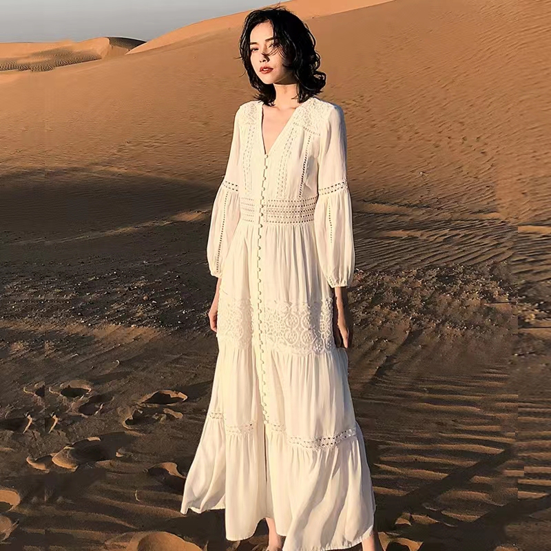 Sanya Beach Dress for Women, Summer White Long Dress, Yunnan Lijiang Desert Travel Lace Hollow-Out Seaside Vacation Dress
