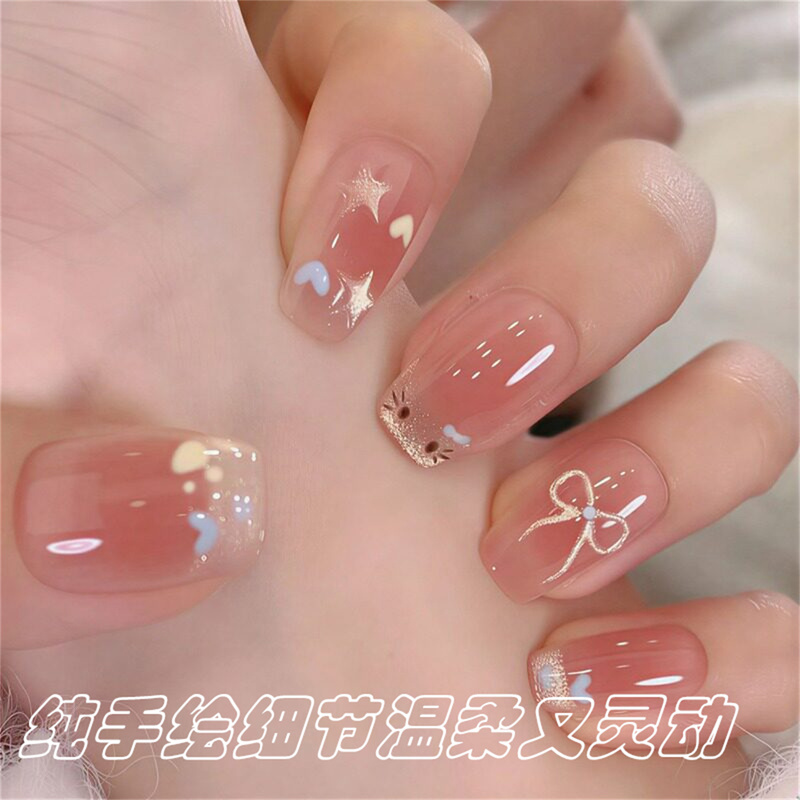 Playful and Cute Versatile Girl's Nude Color Handmade Wearable Nails with Heart and Butterfly Designs, Short Style, Pure Desire Cat Eye Effect, Brightening Nail Art Playful and Cute Versatile Girl's Nude Color Handmade Wearable Nails with Heart and Butterfly Designs, Short Style, Pure Desire Cat Eye Effect, Brightening Nail Art